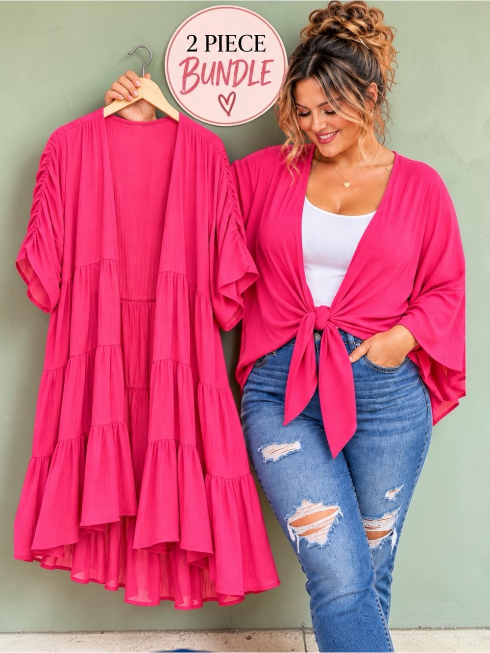 Torrid Neon Pink Kimono 2 Piece Bundle Tie Front Ruffle Tiered 1X 2X NWOT